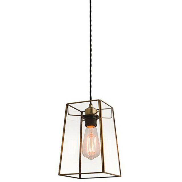 Loops Hanging Ceiling Pendant Light Antique Brass & Square Glass Shade Sleek Box Lamp in Clear - image 1