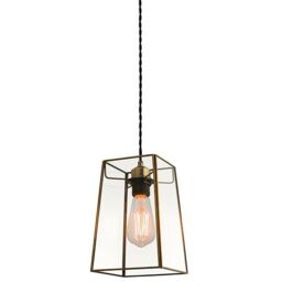 Loops Hanging Ceiling Pendant Light Antique Brass & Square Glass Shade Sleek Box Lamp in Clear - thumbnail 1