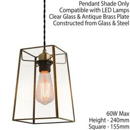 Loops Hanging Ceiling Pendant Light Antique Brass & Square Glass Shade Sleek Box Lamp in Clear - thumbnail 2