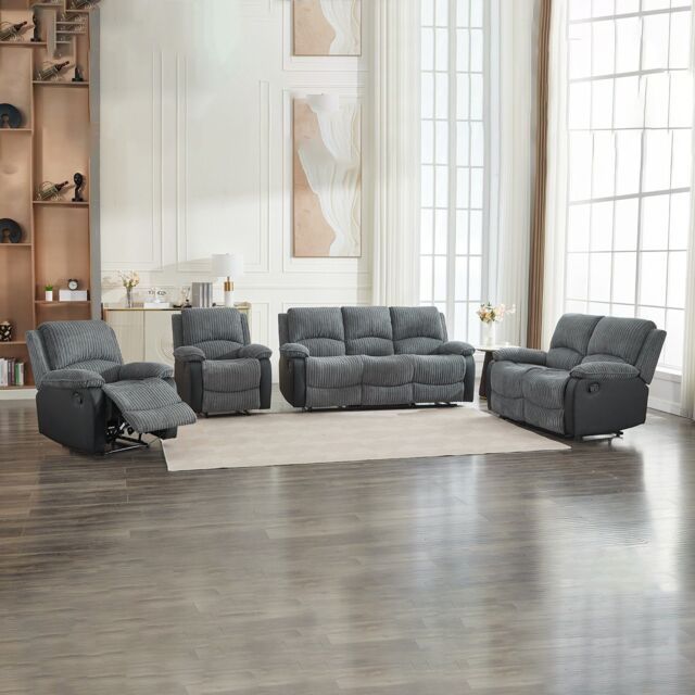 FURNITURE ONE Manual Reclining Sofa Set, Corduroy Fabric Sofa Suite - 1+1+2+3 Set in Grey - Size: 1 Pack - image 1