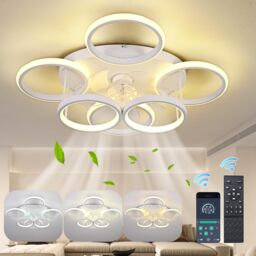 Garwarm Modern Low Profile Ceiling Fan with Lights 6 Ring Dimmable White