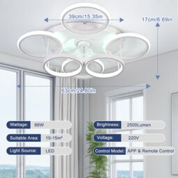 Garwarm Modern Low Profile Ceiling Fan with Lights 6 Ring Dimmable White - thumbnail 2