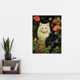 "Artery8 Stylish Black & White Cat Flowers Green Floral Design Illustration Peony Extra Large XL Unframed Wall Art Poster Print - Size: W24"" x H32""" - thumbnail 4