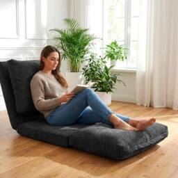EONLION grey Bean Bag Bed Folding Sofa 4-in-1 Floor Couch in Dark Grey - Size: 100 cm