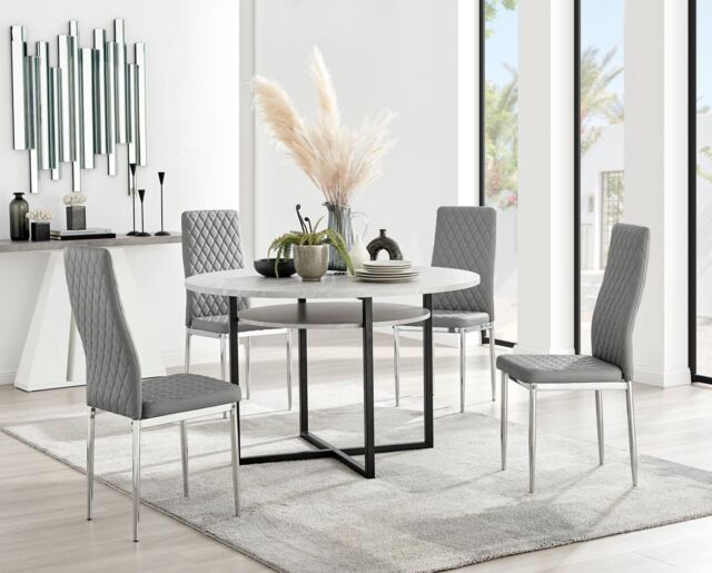 FurnitureboxUK Adley Grey Concrete Effect Round Dining Table & 4 Milan Chrome Leg Faux Leather Chairs - image 1