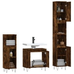 Berkfield Home 3 Piece Bathroom Cabinet Set Smoked Oak Engineered Wood in Brown - thumbnail 4