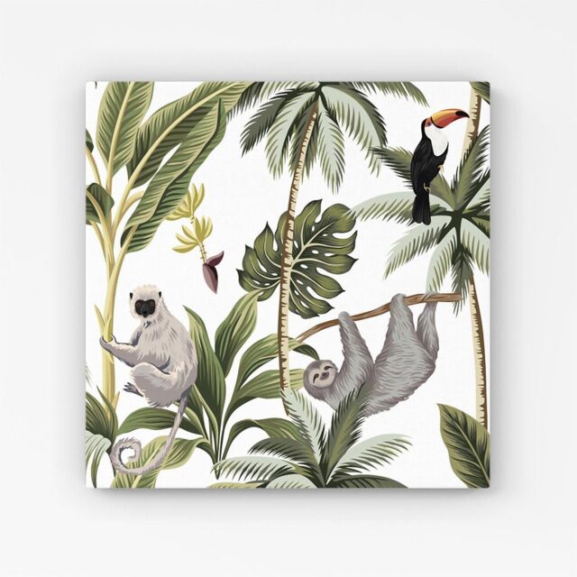 "Warren Reed - Designer Tropical Sloths Canvas in Green - Size: W16"" x H16""" - image 1