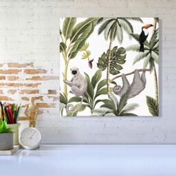 "Warren Reed - Designer Tropical Sloths Canvas in Green - Size: W16"" x H16""" - thumbnail 2