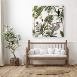 "Warren Reed - Designer Tropical Sloths Canvas in Green - Size: W16"" x H16""" - thumbnail 3