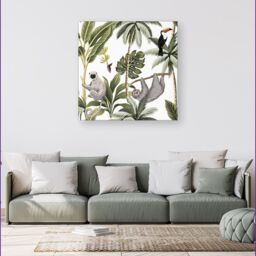 "Warren Reed - Designer Tropical Sloths Canvas in Green - Size: W16"" x H16""" - thumbnail 4