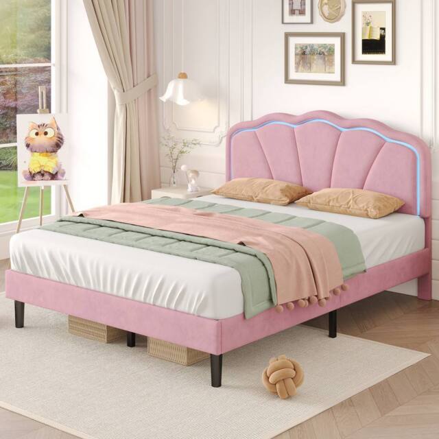 BTM Velvet Upholstered Bed with LED Adjustable Shell Shape Headboard in Pink - Size: Single - image 1