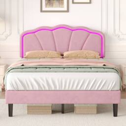 BTM Velvet Upholstered Bed with LED Adjustable Shell Shape Headboard in Pink - Size: Single - thumbnail 2