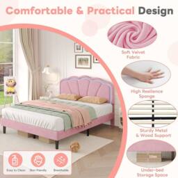 BTM Velvet Upholstered Bed with LED Adjustable Shell Shape Headboard in Pink - Size: Single - thumbnail 4