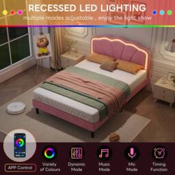 BTM Velvet Upholstered Bed with LED Adjustable Shell Shape Headboard in Pink - Size: Single - thumbnail 7
