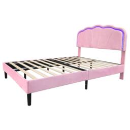 BTM Velvet Upholstered Bed with LED Adjustable Shell Shape Headboard in Pink - Size: Single - thumbnail 8