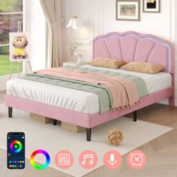 BTM Velvet Upholstered Bed with LED Adjustable Shell Shape Headboard in Pink - Size: Single - thumbnail 6