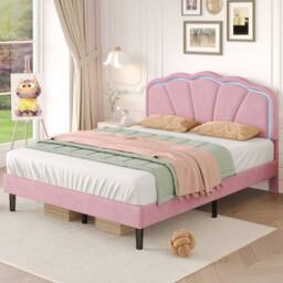 BTM Velvet Upholstered Bed with LED Adjustable Shell Shape Headboard in Pink - Size: Single - thumbnail 1