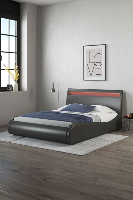 SlumberWorx Orion LED Lights Headboard Gaming Style Faux Leather Bed Frame w 20cm Deep Pocket Comfort Foam Mattress in Black - Size: Small Double - image 1