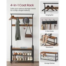 VOGREX Hallway Coat Stand, Steel Frame with Shoe Storage Bench in Brown - thumbnail 4