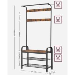VOGREX Hallway Coat Stand, Steel Frame with Shoe Storage Bench in Brown - thumbnail 2