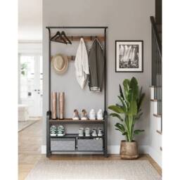 VOGREX Hallway Coat Stand, Steel Frame with Shoe Storage Bench in Brown - thumbnail 3