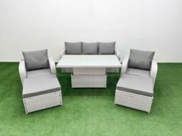 Fimous PE Rattan Garden Furniture Set Reclining Chair Sofa Lounge Sofa Set Adjustable Lifting Dining or Coffee Table 2 Big Footstool Light Grey - thumbnail 1