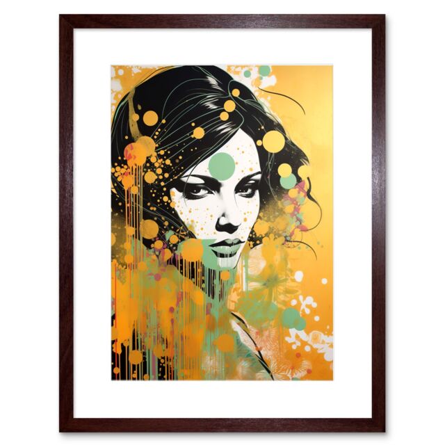 Artery8 Wall Art Print I'll Be Waiting Black Hair Woman Portrait Green Yellow Gold Liquid Paint Linocut Teen Room Artwork Framed 9X7 Inch - image 1