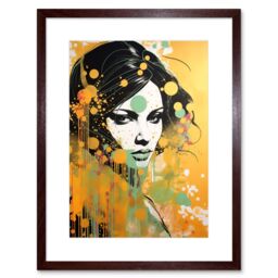 Artery8 Wall Art Print I'll Be Waiting Black Hair Woman Portrait Green Yellow Gold Liquid Paint Linocut Teen Room Artwork Framed 9X7 Inch - thumbnail 1