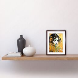 Artery8 Wall Art Print I'll Be Waiting Black Hair Woman Portrait Green Yellow Gold Liquid Paint Linocut Teen Room Artwork Framed 9X7 Inch - thumbnail 2
