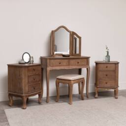 Melody Maison Dark Wood Dressing Table Desk With Triple Mirror, Stool & Pair Of Bedside Tables - Ashwell Range in Dark Brown