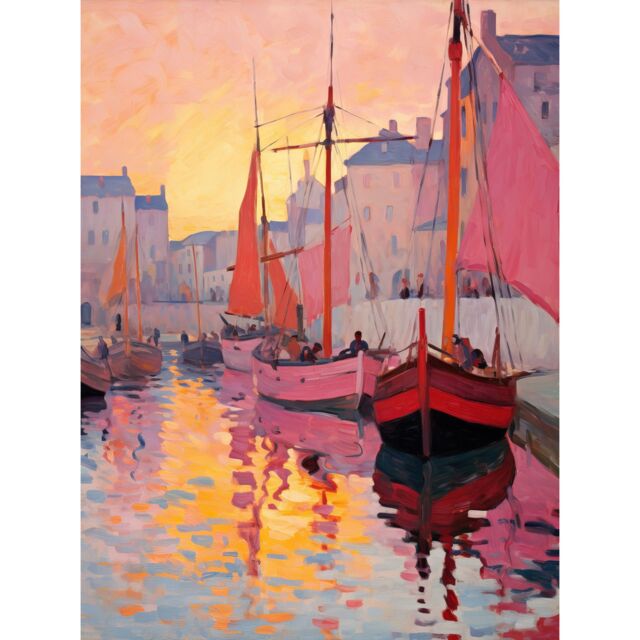 "Artery8 Wall Art Print Sailboats Reflecting in Harbour Water Pink Orange Sunset Oil Painting Anchoring by Promenade Poster - Size: W12"" x H16""" - image 1