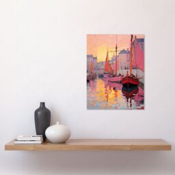 "Artery8 Wall Art Print Sailboats Reflecting in Harbour Water Pink Orange Sunset Oil Painting Anchoring by Promenade Poster - Size: W12"" x H16""" - thumbnail 2