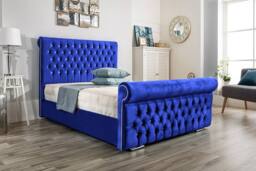 UK Bed Furniture Faye Gas Lift Ottoman Upholstered Bed with 48 Inch Button Headboard in Blue - Size: Double - thumbnail 1