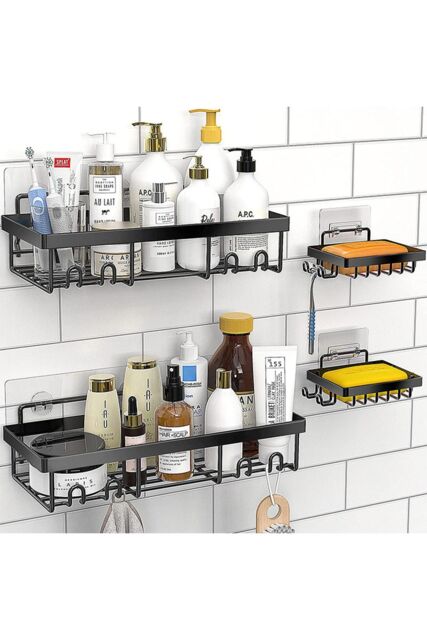 Living and Home 4Pcs No Drill Shower Caddy Set with Wall Stickers in Black - image 1