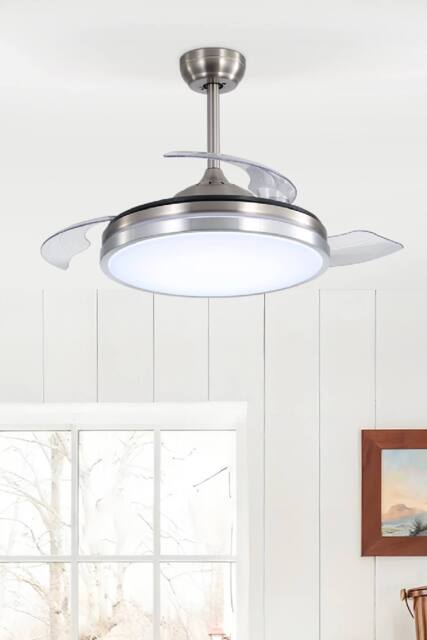 Living and Home Remote Control Acrylic Ceiling Fan Light with Retracted Blades in Silver - image 1