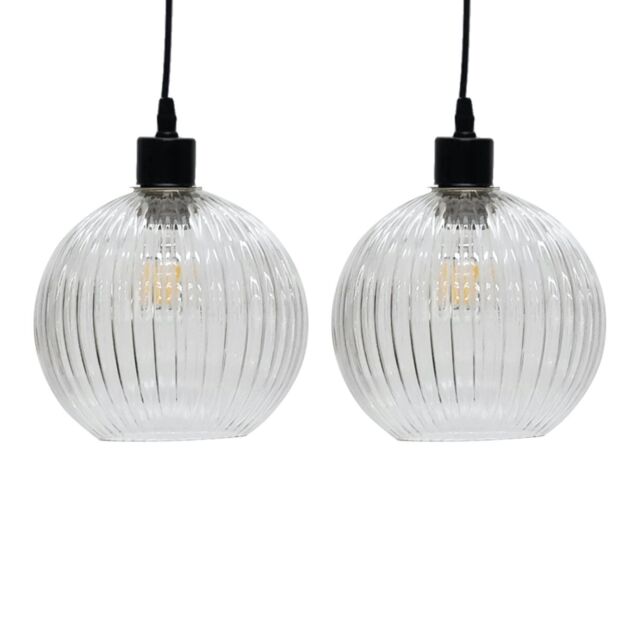 First Choice Lighting Set of 2 Betchley - Clear Ribbed Glass Globe Easy Fit Pendant Shades - image 1