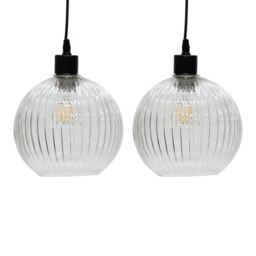 First Choice Lighting Set of 2 Betchley - Clear Ribbed Glass Globe Easy Fit Pendant Shades - thumbnail 1