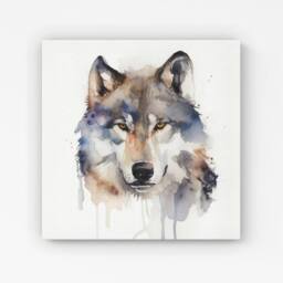 "Warren Reed - Designer Wolf Watercolour Canvas in Brown - Size: W30"" x H30""" - thumbnail 1