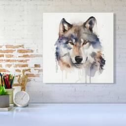 "Warren Reed - Designer Wolf Watercolour Canvas in Brown - Size: W30"" x H30""" - thumbnail 2