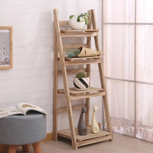 KORVIXA Foldable Ladder Shelf 4 Tier Wooden Planter Stand in Natural - Size: 0.6m2 - image 1