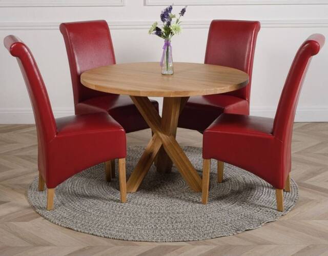 Thats Furniture Oregon Round Oak Dining Table & 4 Montana Leather Chairs in Red - image 1