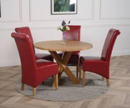 Thats Furniture Oregon Round Oak Dining Table & 4 Montana Leather Chairs in Red - thumbnail 2