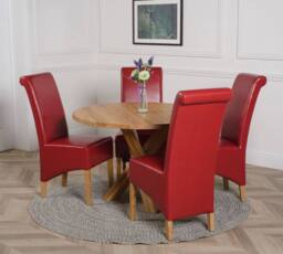 Thats Furniture Oregon Round Oak Dining Table & 4 Montana Leather Chairs in Red - thumbnail 3