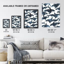 "Artery8 Orca Killer Whale Bright Watercolour Pattern Wall Art Print in Black - Size: W12"" x H16""" - thumbnail 3