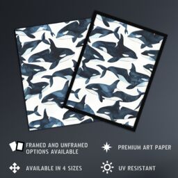 "Artery8 Orca Killer Whale Bright Watercolour Pattern Wall Art Print in Black - Size: W12"" x H16""" - thumbnail 2
