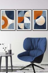 ARTZE Geometric Abstract Textured Circles in Navy Blue Orange Gold Framed Wall Art - Medium in Black - Size: W45 cm x H62 cm x D20mm