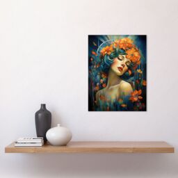 "Artery8 Wall Art Print Woman Portrait with Flowers Modern Art Deco Vibrant Artwork Orange Blue Floral Headband Poster - Size: W24"" x H32""" - thumbnail 2
