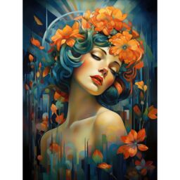 "Artery8 Wall Art Print Woman Portrait with Flowers Modern Art Deco Vibrant Artwork Orange Blue Floral Headband Poster - Size: W24"" x H32""" - thumbnail 1