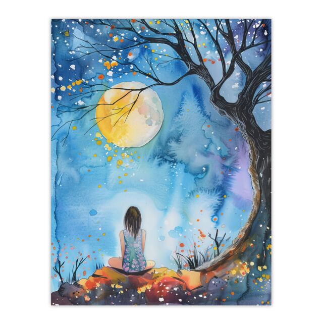 "Artery8 Full Moon Gazing Autumn Night Watercolour Wall Art Print in Blue - Size: W12"" x H16""" - image 1