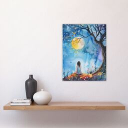 "Artery8 Full Moon Gazing Autumn Night Watercolour Wall Art Print in Blue - Size: W12"" x H16""" - thumbnail 4